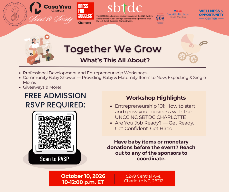 Together We Grow Community Baby Shower flyer — October 10, 2026, 10 AM to 12 PM ET, 5249 Central Ave, Charlotte NC